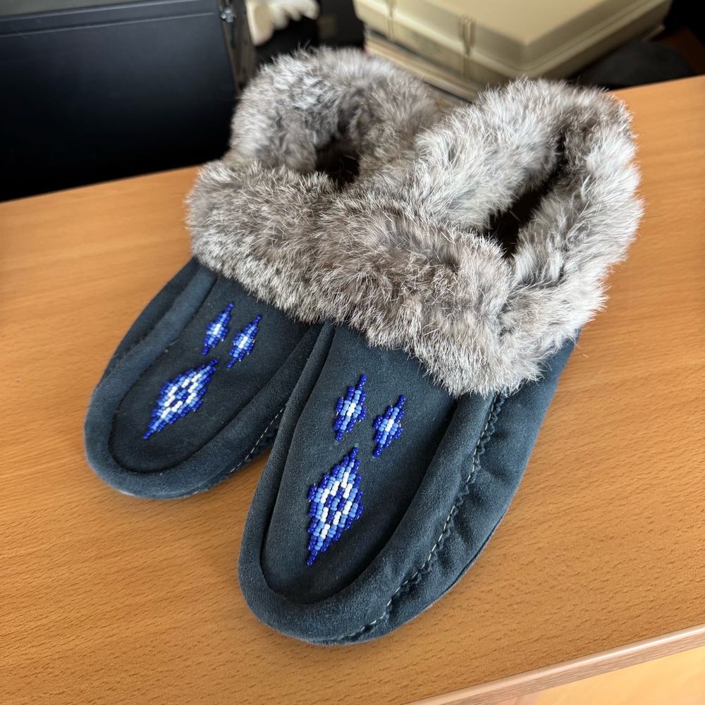 Fur-Lined Blue Beaded Moccasins